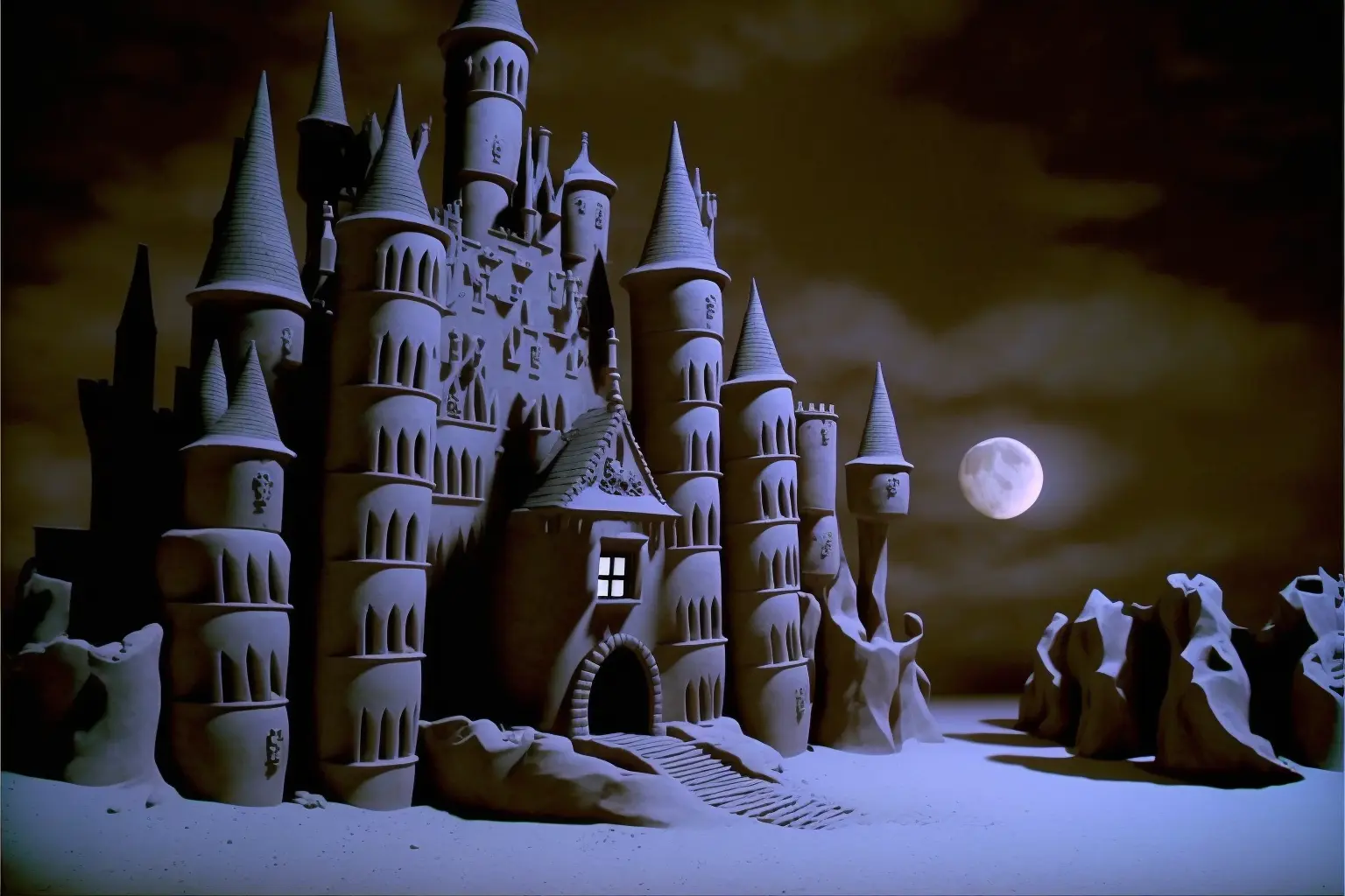 DVD screengrab from stop motion movie, claymation, hogwarts castle, directed by Tim Burton